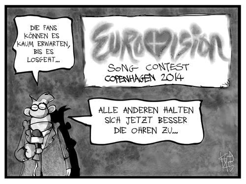 Cartoon: ESC 2014 (medium) by Kostas Koufogiorgos tagged karikatur,koufogiorgos,illustration,cartoon,eurovision,esc,song,contest,grand,prix,kopenhagen,fan,musik,europa,karikatur,koufogiorgos,illustration,cartoon,eurovision,esc,song,contest,grand,prix,kopenhagen,fan,musik,europa