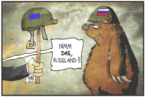 Cartoon: EU-Armee (medium) by Kostas Koufogiorgos tagged karikatur,koufogiorgos,illustration,cartoon,armee,eu,europa,russland,aufrüstung,bär,drohgebärde,militär,helm,politik,aussenpolitik,karikatur,koufogiorgos,illustration,cartoon,armee,eu,europa,russland,aufrüstung,bär,drohgebärde,militär,helm,politik,aussenpolitik