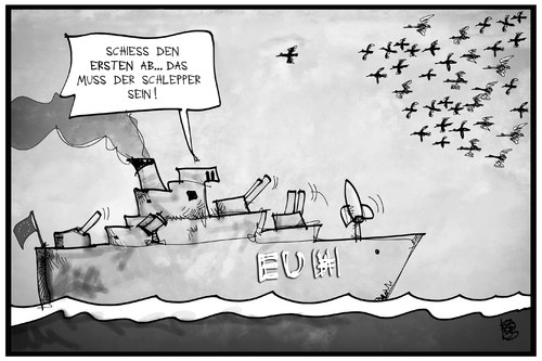 Cartoon: EU-Flüchtlingspolitik (medium) by Kostas Koufogiorgos tagged karikatur,koufogiorgos,illustration,cartoon,eu,flüchtlingspolitik,meer,schiff,patrouille,europa,mittelmeer,vogel,abschießen,schütze,waffe,militär,asylpolitik,karikatur,koufogiorgos,illustration,cartoon,eu,flüchtlingspolitik,meer,schiff,patrouille,europa,mittelmeer,vogel,abschießen,schütze,waffe,militär,asylpolitik