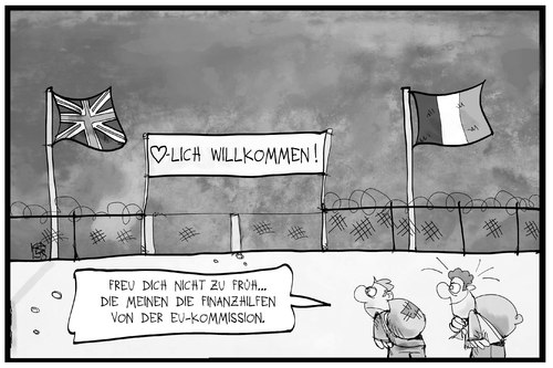 Cartoon: EU-Flüchtlingspolitik (medium) by Kostas Koufogiorgos tagged karikatur,koufogiorgos,illustration,cartoon,europa,eu,hilfe,geld,flüchtlingspolitik,eurotunnel,großbritannien,frankreich,willkommen,politik,einwanderung,asyl,karikatur,koufogiorgos,illustration,cartoon,europa,eu,hilfe,geld,flüchtlingspolitik,eurotunnel,großbritannien,frankreich,willkommen,politik,einwanderung,asyl