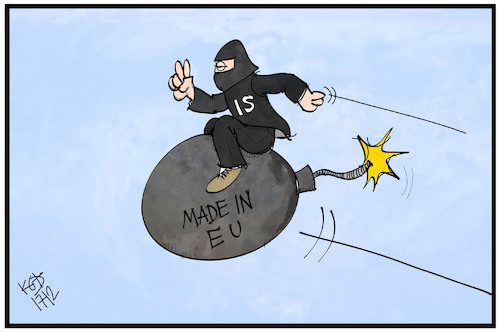 Cartoon: EU-Waffen beim IS (medium) by Kostas Koufogiorgos tagged karikatur,koufogiorgos,illustration,cartoon,eu,is,waffen,bombe,islamismus,terrorismus,waffenexporte,europa,karikatur,koufogiorgos,illustration,cartoon,eu,quote,flüchtlinge,flüchtlingspolitik,donald,tusk,trump,asylpolitik