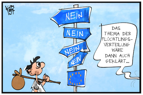 Cartoon: EU-Flüchtlingspolitik (medium) by Kostas Koufogiorgos tagged karikatur,koufogiorgos,illustration,cartoon,eu,europa,flüchtling,asylpolitik,wegweisernein,verteilung,solidarität,karikatur,koufogiorgos,illustration,cartoon,eu,europa,flüchtling,asylpolitik,wegweisernein,verteilung,solidarität