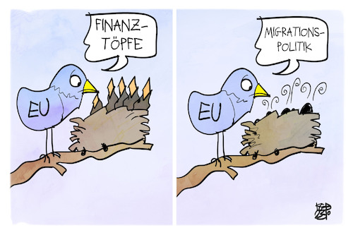 Cartoon: EU-Gipfel (medium) by Kostas Koufogiorgos tagged karikatur,koufogiorgos,eu,gipfel,geld,verteilung,migration,finanztopf,vogel,nest,europa,solidarität,karikatur,koufogiorgos,eu,gipfel,geld,verteilung,migration,finanztopf,vogel,nest,europa,solidarität