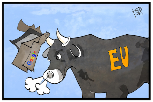 Cartoon: EU und Google (medium) by Kostas Koufogiorgos tagged karikatur,koufogiorgos,illustration,cartoon,eu,google,stier,vertragsstrafe,kartell,geld,stierkampf,torrero,wirtschaft,internet,karikatur,koufogiorgos,illustration,cartoon,eu,google,stier,vertragsstrafe,kartell,geld,stierkampf,torrero,wirtschaft,internet