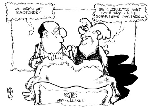 Cartoon: Eurobonds (medium) by Kostas Koufogiorgos tagged merkel,hollande,eurobonds,eu,gipfel,europa,euro,schulden,krise,wirtschaft,politik,karikatur,kostas,koufogiorgos,merkel,hollande,eurobonds,gipfel,europa,euro,schulden