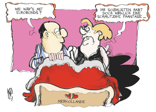 Cartoon: Eurobonds (medium) by Kostas Koufogiorgos tagged merkel,hollande,eurobonds,eu,gipfel,europa,euro,schulden,krise,wirtschaft,politik,karikatur,kostas,koufogiorgos,merkel,hollande,eurobonds,eu,gipfel,europa,euro