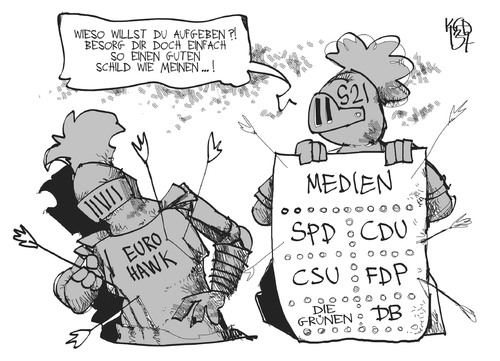 Cartoon: Eurohawk und Stuttgart 21 (medium) by Kostas Koufogiorgos tagged eurohawk,untersuchungsausschuss,stuttgart,21,s21,rüstung,ritter,schild,schutz,medien,karikatur,koufogiorgos,eurohawk,untersuchungsausschuss,stuttgart,21,s21,rüstung,ritter,schild,schutz,medien,karikatur,koufogiorgos