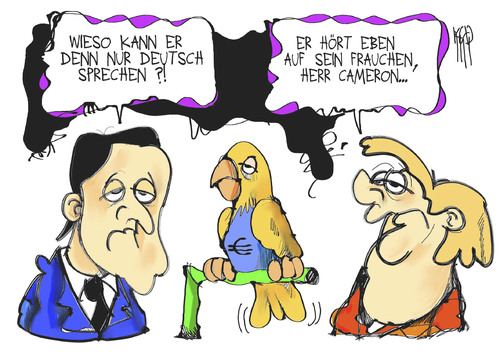 Cartoon: Europa spricht deutsch (medium) by Kostas Koufogiorgos tagged europa,deutschland,rolle,europe,role,leading,germany,krise,euro,führungsrolle,leadership,crisis,zeit,führungsanspruch,großbritannien,cameron,merkel,papagei,besitzer,deutsch,sprache,premierminister,bundeskanzlerin,karikatur,europa,deutschland,großbritannien,cameron,merkel,euro,papagei