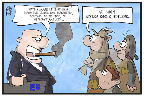 Cartoon: Europas Probleme (medium) by Kostas Koufogiorgos tagged sorgen,manager,wirtschaft,flüchtlingspolitik,europa,eu,cartoon,illustration,koufogiorgos,karikatur,probleme,schengen,familie,krieg,flüchtling,karikatur,koufogiorgos,illustration,cartoon,eu,europa,flüchtlingspolitik,wirtschaft,manager,sorgen,probleme,schengen,familie,krieg,flüchtling