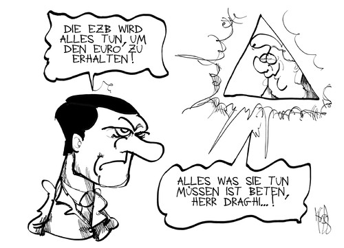 Cartoon: EZB (medium) by Kostas Koufogiorgos tagged euro,rettung,draghi,ezb,europa,schulden,krise,merkel,gott,beten,karikatur,kostas,koufogiorgos,ezb,europa,zentralbank,mario,draghi,euro,krise,aufkauf,staatsanleihen,unbegrenzt,rettungsschirm