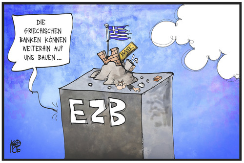 Cartoon: EZB (medium) by Kostas Koufogiorgos tagged karikatur,koufogiorgos,illustration,cartoon,griechenland,ezb,europa,zentralbank,bank,bauen,unterstützung,ela,kredit,wirtschaft,politik,karikatur,koufogiorgos,illustration,cartoon,griechenland,ezb,europa,zentralbank,bank,bauen,unterstützung,ela,kredit,wirtschaft,politik