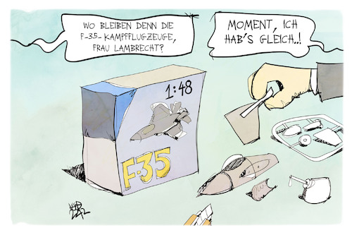 Cartoon: F-35 (medium) by Kostas Koufogiorgos tagged karikatur,koufogiorgos,f35,flugzeug,rüstung,kampfjet,modell,lambrecht,karikatur,koufogiorgos,f35,flugzeug,rüstung,kampfjet,modell,lambrecht