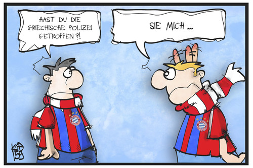 Cartoon: FC Bayern (medium) by Kostas Koufogiorgos tagged karikatur,koufogiorgos,illustration,cartoon,fc,bayern,münchen,fussball,cl,champions,league,olympiakos,piräus,polizei,griechenland,gewalt,hooligans,fans,polizeigewalt,auswärtsspiel,karikatur,koufogiorgos,illustration,cartoon,fc,bayern,münchen,fussball,cl,champions,league,olympiakos,piräus,polizei,griechenland,gewalt,hooligans,fans,polizeigewalt,auswärtsspiel