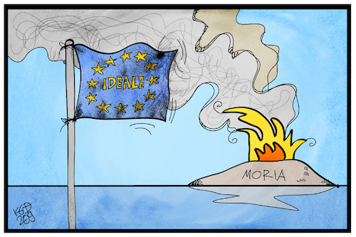 Cartoon: Feuer in Moria (medium) by Kostas Koufogiorgos tagged karikatur,koufogiorgos,illustration,cartoon,moria,lesbos,europa,eu,fluechtlingslager,rauch,ideale,karikatur,koufogiorgos,illustration,cartoon,moria,lesbos,europa,eu,fluechtlingslager,rauch,ideale