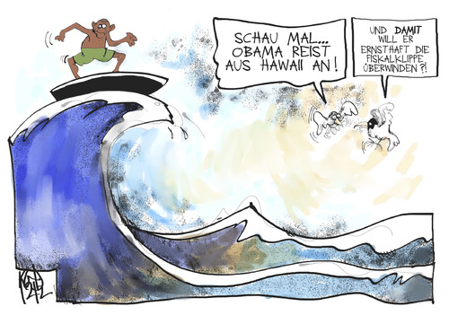 Cartoon: Fiskalklippe (medium) by Kostas Koufogiorgos tagged usa,republikaner,demokraten,fiskalklippe,hawaii,obama,surfen,haushalt,streit,fiscall,cliff,usa,republikaner,demokraten,fiskalklippe,hawaii,obama,surfen,haushalt,streit,fiscall,cliff