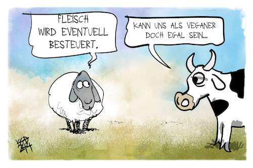 Cartoon: Fleischsteuer (medium) by Kostas Koufogiorgos tagged karikatur,koufogiorgos,fleisch,schaf,kuh,vegan,nutztier,karikatur,koufogiorgos,fleisch,schaf,kuh,vegan,nutztier