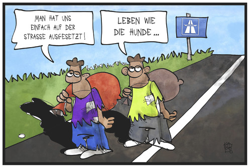 Cartoon: Flüchtlinge (medium) by Kostas Koufogiorgos tagged asyl,strasse,autobahn,hund,ausgesetzt,flüchtlinge,politik,schlepper,menschenhandel,cartoon,illustration,koufogiorgos,karikatur,karikatur,koufogiorgos,illustration,cartoon,flüchtlinge,ausgesetzt,hund,autobahn,strasse,asyl,menschenhandel,schlepper,politik