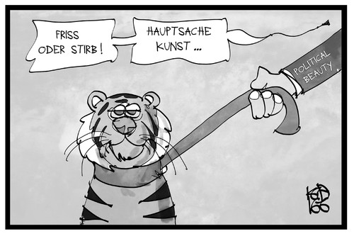 Cartoon: Flüchtlinge fressen (medium) by Kostas Koufogiorgos tagged karikatur,koufogiorgos,illustration,cartoon,flüchtlinge,fressen,aktion,aktionskunst,tiger,tier,quälerei,kunst,sterben,tierrechte,political,beauty,karikatur,koufogiorgos,illustration,cartoon,flüchtlinge,fressen,aktion,aktionskunst,tiger,tier,quälerei,kunst,sterben,tierrechte,political,beauty