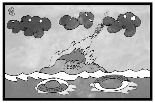 Cartoon: Flüchtlingschaos auf Lesbos (medium) by Kostas Koufogiorgos tagged karikatur,koufogiorgos,illustration,cartoon,lesbos,flüchtlinge,chaos,eu,europa,solidarität,hilfe,feuer,brand,flüchtlingspolitik,rettungsring,karikatur,koufogiorgos,illustration,cartoon,lesbos,flüchtlinge,chaos,eu,europa,solidarität,hilfe,feuer,brand,flüchtlingspolitik,rettungsring