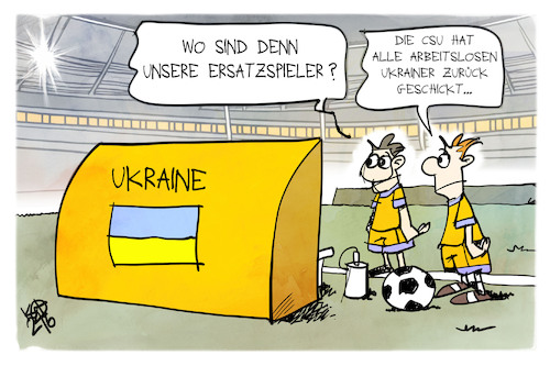 Cartoon: Flüchtlingspolitik (medium) by Kostas Koufogiorgos tagged karikatur,koufogiorgos,csu,ukraine,arbeit,fussball,ersatzbank,karikatur,koufogiorgos,csu,ukraine,arbeit,fussball,ersatzbank