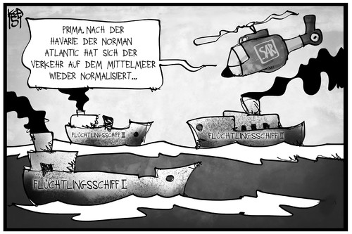 Cartoon: Flüchtlingsschiffe (medium) by Kostas Koufogiorgos tagged karikatur,koufogiorgos,illustration,cartoon,mittelmeer,norman,atlantic,flüchtlinge,flüchtlingsschiff,havarie,hubschrauber,normalität,politik,karikatur,koufogiorgos,illustration,cartoon,mittelmeer,norman,atlantic,flüchtlinge,flüchtlingsschiff,havarie,hubschrauber,normalität,politik