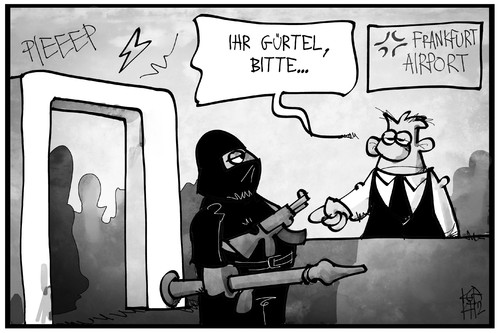 Cartoon: Flughafen-Sicherheit (medium) by Kostas Koufogiorgos tagged karikatur,koufogiorgos,illustration,cartoon,flughafen,kontrolle,sicherheit,kontrolleur,terrorist,waffen,schmuggel,fraport,frankfurt,karikatur,koufogiorgos,illustration,cartoon,flughafen,kontrolle,sicherheit,kontrolleur,terrorist,waffen,schmuggel,fraport,frankfurt