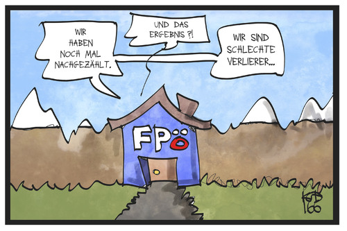 Cartoon: FPÖ (medium) by Kostas Koufogiorgos tagged karikatur,koufogiorgos,cartoon,illustration,fpö,oesterreich,hofer,berge,haus,partei,hütte,verlierer,zählen,wahl,bundespräsident,anfechten,justiz,gericht,karikatur,koufogiorgos,cartoon,illustration,fpö,oesterreich,hofer,berge,haus,partei,hütte,verlierer,zählen,wahl,bundespräsident,anfechten,justiz,gericht