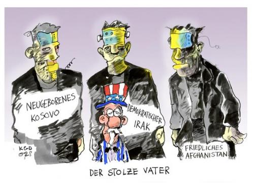 Cartoon: Frankensteins Söhne (medium) by Kostas Koufogiorgos tagged kosovo,serbien,europa,unabhängigkeit,albanien,kostas,koufogiorgos,,kosovo,serbien,europa,unabhängigkeit,albanien,kostas,koufogiorgos,demokratie,irak,afghanistan,frieden,weltpolitik,weltpolizei,usa,stolzer,vater,george,bush,außenpolitik,frankensteins,monster,uncle,sam,stars,flagge,verantwortung,politik,krieg,terrorismus,diktator,milosevic,saddam,hussein,osama,bin,laden,george bush