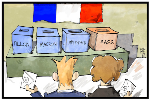 Cartoon: Frankreich wählt (medium) by Kostas Koufogiorgos tagged karikatur,koufogiorgos,illustration,cartoon,macron,fillon,lepen,melenchon,kandidat,wahl,hass,frankreich,abstimmung,wahlurne,demokratie,wahllokal,karikatur,koufogiorgos,illustration,cartoon,macron,fillon,lepen,melenchon,kandidat,wahl,hass,frankreich,abstimmung,wahlurne,demokratie,wahllokal