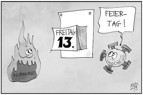 Cartoon: Freitag der 13. (medium) by Kostas Koufogiorgos tagged karikatur,koufogiorgos,illustration,cartoon,freitag,feiertag,pandemie,corona,virus,klimakrise,karikatur,koufogiorgos,illustration,cartoon,freitag,feiertag,pandemie,corona,virus,klimakrise