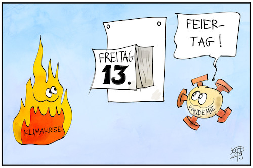 Cartoon: Freitag der 13. (medium) by Kostas Koufogiorgos tagged karikatur,koufogiorgos,illustration,cartoon,freitag,feiertag,pandemie,corona,virus,klimakrise,karikatur,koufogiorgos,illustration,cartoon,freitag,feiertag,pandemie,corona,virus,klimakrise