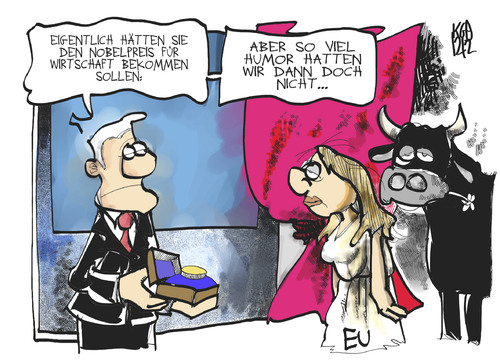 Cartoon: Friedensnobelpreis (medium) by Kostas Koufogiorgos tagged friedensnobelpreis,eu,europa,stier,wirtschaft,euro,krise,nobel,oslo,verleihung,preis,friedensnobelpreis,eu,europa,stier,wirtschaft,euro,krise,nobel,oslo,verleihung,preis