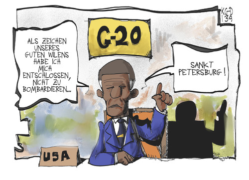 Cartoon: G20-Gipfel (medium) by Kostas Koufogiorgos tagged obama,gipfel,g20,petersburg,russland,usa,bombardierung,konflikt,krieg,karikatur,koufogiorgos,obama,gipfel,g20,petersburg,russland,usa,bombardierung,konflikt,krieg,karikatur,koufogiorgos