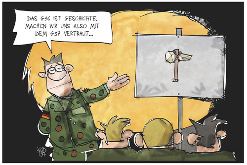 Cartoon: G37 (medium) by Kostas Koufogiorgos tagged karikatur,koufogiorgos,illustration,cartoon,g36,g37,axt,beil,bundeswehr,militär,waffe,soldaten,ausrüstung,bewaffnung,politik,ausbilder,karikatur,koufogiorgos,illustration,cartoon,g36,g37,axt,beil,bundeswehr,militär,waffe,soldaten,ausrüstung,bewaffnung,politik,ausbilder