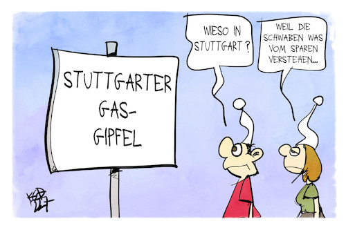 Cartoon: Gas-Gipfel in Stuttgart (medium) by Kostas Koufogiorgos tagged karikatur,koufogiorgos,schwaben,stuttgart,sparen,geiz,energie,gasgipfel,karikatur,koufogiorgos,schwaben,stuttgart,sparen,geiz,energie,gasgipfel