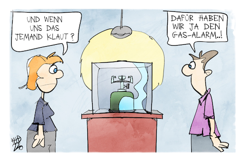 Cartoon: Gas wird ein knappes Gut (medium) by Kostas Koufogiorgos tagged gas,alarm,energie,koufogiorgos,diebstahl,vitrine,schutz,knappheit,alarmstufe,gas,alarm,energie,koufogiorgos