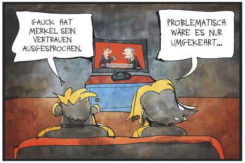 Cartoon: Gauck und Merkel (medium) by Kostas Koufogiorgos tagged karikatur,koufogiorgos,illustration,cartoon,gauck,merkel,sommerinterview,zdf,fernsehen,vertrauen,nachrichten,zuschauer,politik,bundespräsident,bundeskanzlerin,karikatur,koufogiorgos,illustration,cartoon,gauck,merkel,sommerinterview,zdf,fernsehen,vertrauen,nachrichten,zuschauer,politik,bundespräsident,bundeskanzlerin