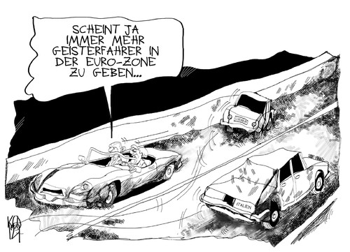 Cartoon: Geisterfahrer (medium) by Kostas Koufogiorgos tagged koufogiorgos,kostas,karikatur,europa,isolation,auto,italien,luxemburg,geisterfahrer,schäuble,merkel,krise,schulden,zone,euro