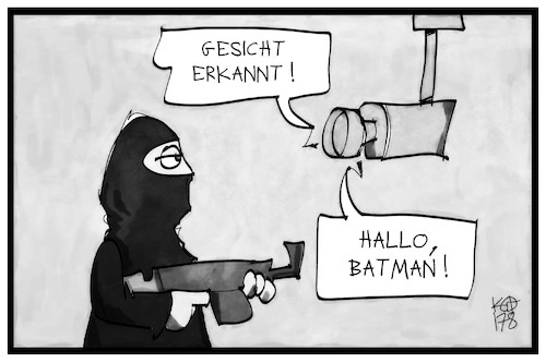 Cartoon: Gesichtserkennung (medium) by Kostas Koufogiorgos tagged karikatur,koufogiorgos,illustration,cartoon,gesichtserkennung,batman,terrorismus,terrorist,verwechslung,erkennung,kamera,sicherheit,karikatur,koufogiorgos,illustration,cartoon,gesichtserkennung,batman,terrorismus,terrorist,verwechslung,erkennung,kamera,sicherheit