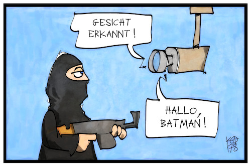 Cartoon: Gesichtserkennung (medium) by Kostas Koufogiorgos tagged karikatur,koufogiorgos,illustration,cartoon,gesichtserkennung,batman,terrorismus,terrorist,verwechslung,erkennung,kamera,sicherheit,karikatur,koufogiorgos,illustration,cartoon,gesichtserkennung,batman,terrorismus,terrorist,verwechslung,erkennung,kamera,sicherheit