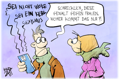 Cartoon: Gewalt gegen Frauen (medium) by Kostas Koufogiorgos tagged karikatur,koufogiorgos,social,media,woke,mann,frau,gewalt,karikatur,koufogiorgos,social,media,woke,mann,frau,gewalt