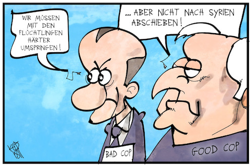 Cartoon: Good Cop bad Cop (medium) by Kostas Koufogiorgos tagged karikatur,koufogiorgos,illustration,cartoon,merz,seehofer,cop,polizei,asyl,abschiebung,politik,cdu,csu,karikatur,koufogiorgos,illustration,cartoon,merz,seehofer,cop,polizei,asyl,abschiebung,politik,cdu,csu