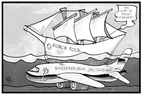 Cartoon: Gorch Fock (medium) by Kostas Koufogiorgos tagged karikatur,koufogiorgos,illustration,cartoon,gorch,fock,regierung,flugzeug,segelschulschiff,marine,bundeswehr,rüstungsmängel,karikatur,koufogiorgos,illustration,cartoon,gorch,fock,regierung,flugzeug,segelschulschiff,marine,bundeswehr,rüstungsmängel