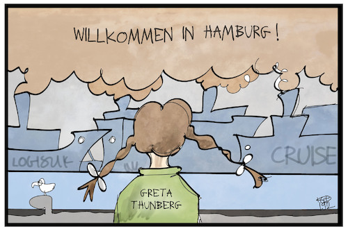 Cartoon: Greta in Hamburg (medium) by Kostas Koufogiorgos tagged karikatur,koufogiorgos,illustration,cartoon,greta,fridays,for,future,hamburg,schiff,luft,verschmutzung,umwelt,klima,aktivistin,thunberg,hafen,karikatur,koufogiorgos,illustration,cartoon,greta,fridays,for,future,hamburg,schiff,luft,verschmutzung,umwelt,klima,aktivistin,thunberg,hafen