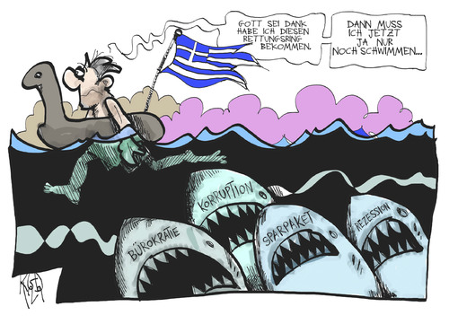 Cartoon: Griechenland-Rettung (medium) by Kostas Koufogiorgos tagged griechenland,rettung,europa,euro,schulden,krise,hai,sparpaket,troika,karikatur,kostas,koufogiorgos,griechenland,rettung,europa,euro,schulden,krise,hai,sparpaket,troika,karikatur,kostas,koufogiorgos