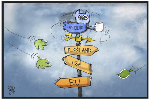 Cartoon: Griechenland (medium) by Kostas Koufogiorgos tagged karikatur,koufogiorgos,illustration,cartoon,griechenland,wetterhahn,russland,usa,europa,richtung,richtungswechsel,orientierung,unberechenbarkeit,politik,wegweiser,karikatur,koufogiorgos,illustration,cartoon,griechenland,wetterhahn,russland,usa,europa,richtung,richtungswechsel,orientierung,unberechenbarkeit,politik,wegweiser