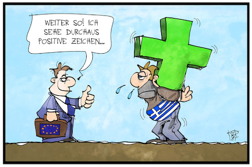 Cartoon: Griechenland (medium) by Kostas Koufogiorgos tagged karikatur,koufogiorgos,illustration,cartoon,griechenland,plus,optimismus,europa,finanzminister,treffen,sofia,troika,schulden,kredit,kreuz,last,belastung,lob,karikatur,koufogiorgos,illustration,cartoon,griechenland,plus,optimismus,europa,finanzminister,treffen,sofia,troika,schulden,kredit,kreuz,last,belastung,lob