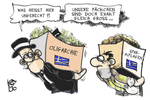 Cartoon: Griechische Gerechtigkeit (medium) by Kostas Koufogiorgos tagged illustration,cartoon,karikatur,koufogiorgos,griechenland,gerechtigkeit,oligarchie,armut,reichtum,geld,profit,last,paket,päckchen,schuldenkrise,politik,austerität,illustration,cartoon,karikatur,koufogiorgos,griechenland,gerechtigkeit,oligarchie,armut,reichtum,geld,profit,last,paket,päckchen,schuldenkrise,politik,austerität