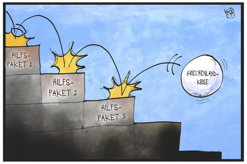 Cartoon: Griechische Schuldenkrise (medium) by Kostas Koufogiorgos tagged karikatur,koufogiorgos,illustration,cartoon,griechenland,rettung,stufe,paket,abwärts,sturz,schuldenkrise,europa,politik,karikatur,koufogiorgos,illustration,cartoon,griechenland,rettung,stufe,paket,abwärts,sturz,schuldenkrise,europa,politik