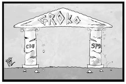 Cartoon: Groko ohne Basis (medium) by Kostas Koufogiorgos tagged karikatur,koufogiorgos,illustration,cartoon,basis,groko,tempel,bauwerk,brüchig,ruine,einsturz,cdu,union,spd,politik,regierungsbildung,karikatur,koufogiorgos,illustration,cartoon,basis,groko,tempel,bauwerk,brüchig,ruine,einsturz,cdu,union,spd,politik,regierungsbildung